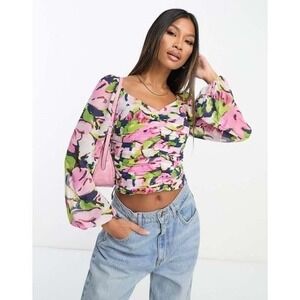 Abercrombie & Fitch Floral Ruched Smocked Balloon Sleeve Crop Top Size S